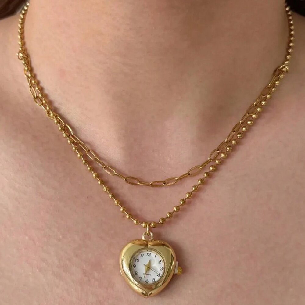 Gold Heart Watch Necklace NEW retro Pendant Love Valentine Mother's Day Gift